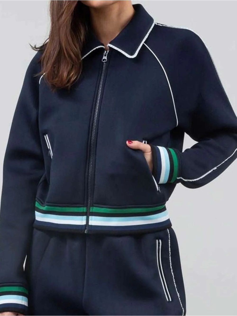 Opening Ceremony- Navy Jacket with Green & White Stripe Hem(small)